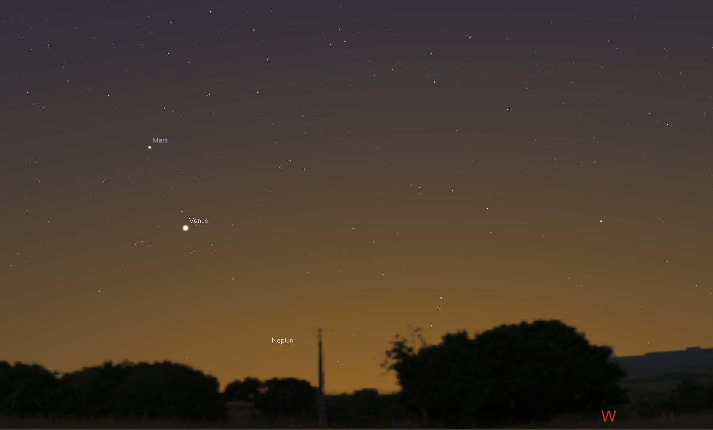 Die Planeten Venus und Mars sind in der Abenddämmerung über dem westlichen Horizont zu sehen.
