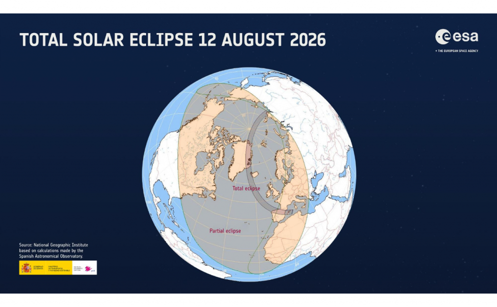 Globaler Sichtbarkeitsbereich der Sonnenfinsternis am 12. August 2026 mit Totalitätszone und Gebiet der partiellen Finsternis