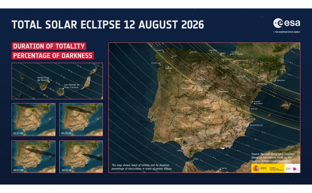 Karte von Spanien mit der Totalitätszone, der Dauer der totalen Phase und dem Bedeckungsgrad am 12. August 2026